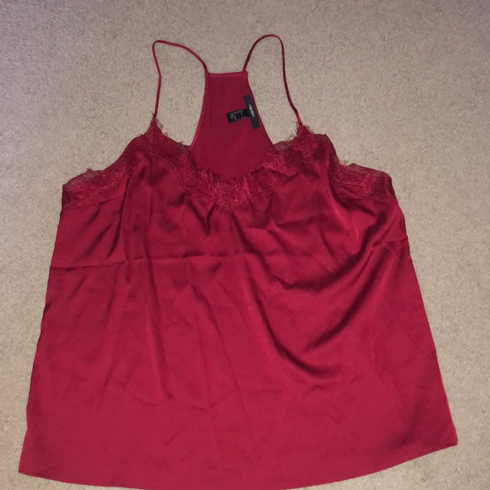 silky lace trim red tank top
